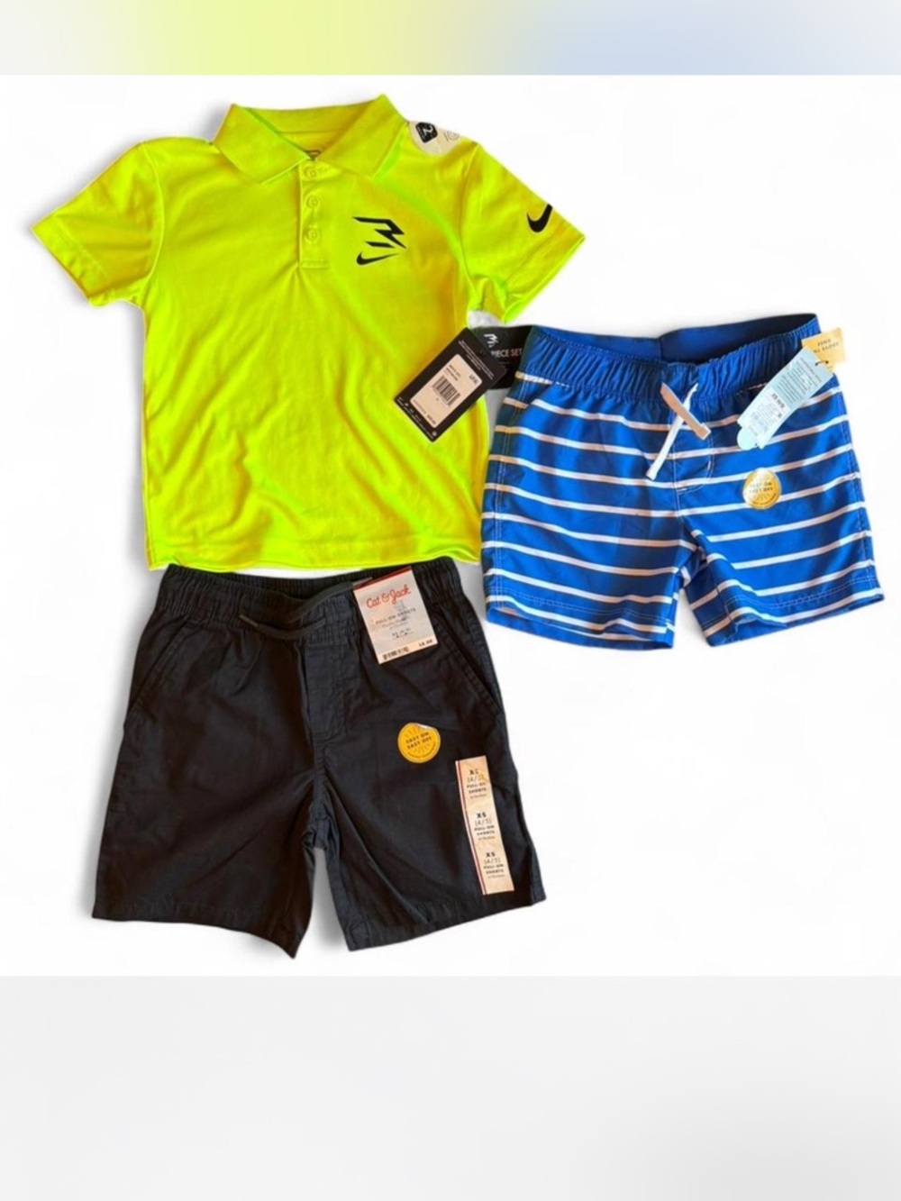 Nike Boys Neon Yellow Polo & Blue Striped Swim Shorts with Black Athletic Shorts